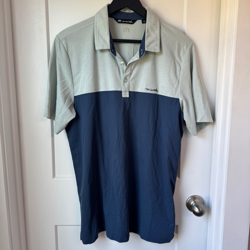 Travis Mathew Polo Shirt Men’s Large Blue Green Colorblock Golf Preppy Casual